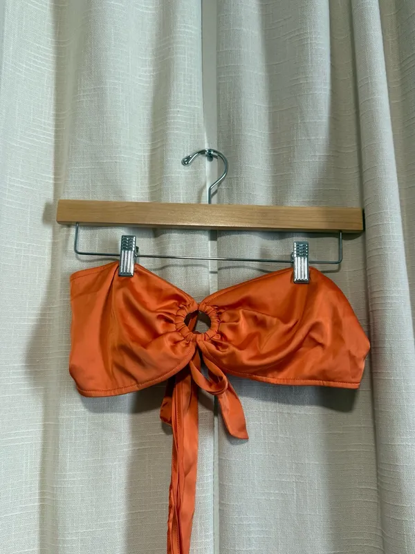 OW Satin Knot Halter Crop Top in Orange - Image 3