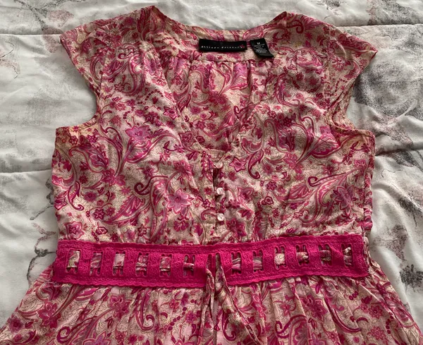 Floral Pink Beige Barbiecore High Waist Cotton Dress, size M - Image 5