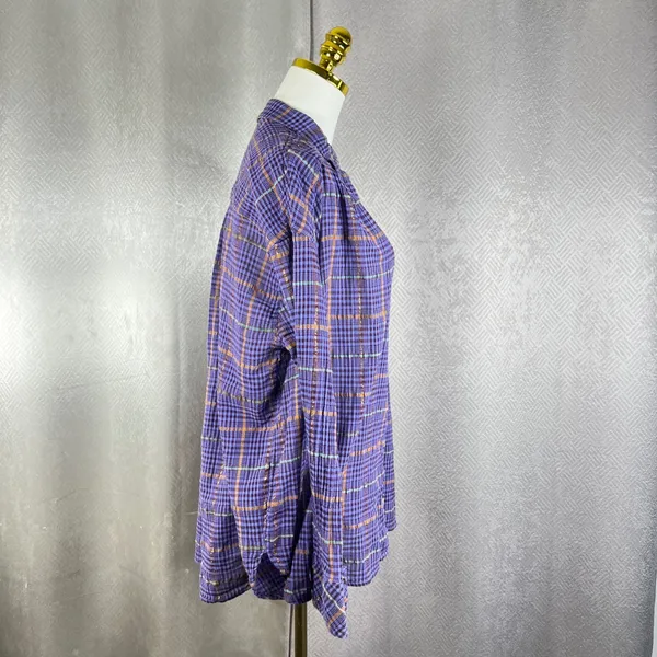 Free People Purple Plaid Metallic Button Down Shirt Womens Small Oversized Top - Image 4