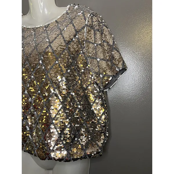 Mi Ami Blouse Womens Medium Gold Sequin Argyle Cropped Top Party Holiday - Image 4