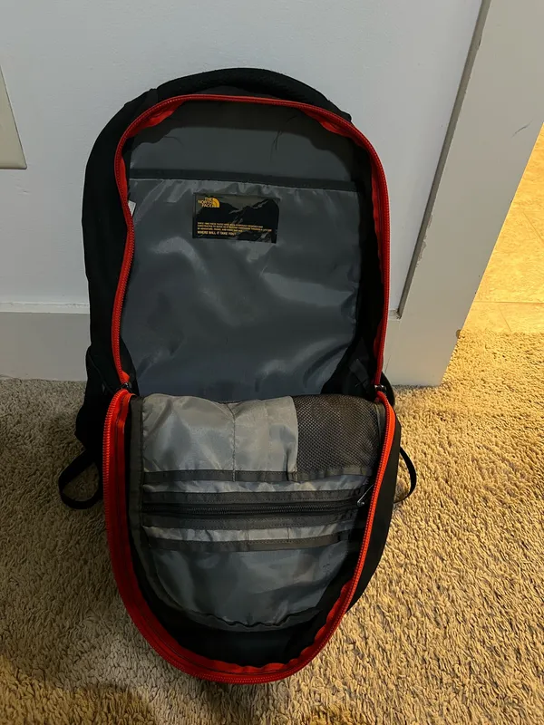 Grey, Black, and Coral North Face Backpack - Image 3