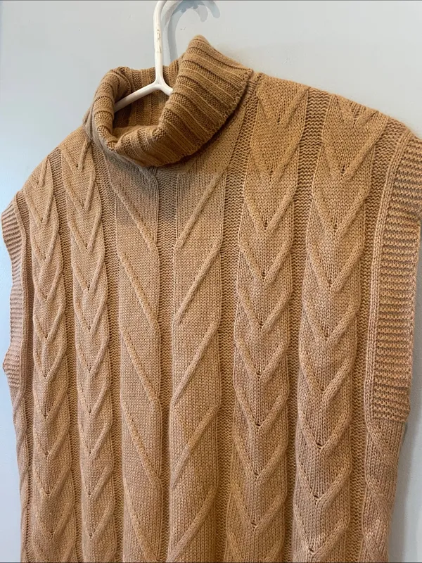 Cable Knit Turtleneck Sleeveless Sweater - Camel color size small - Image 2
