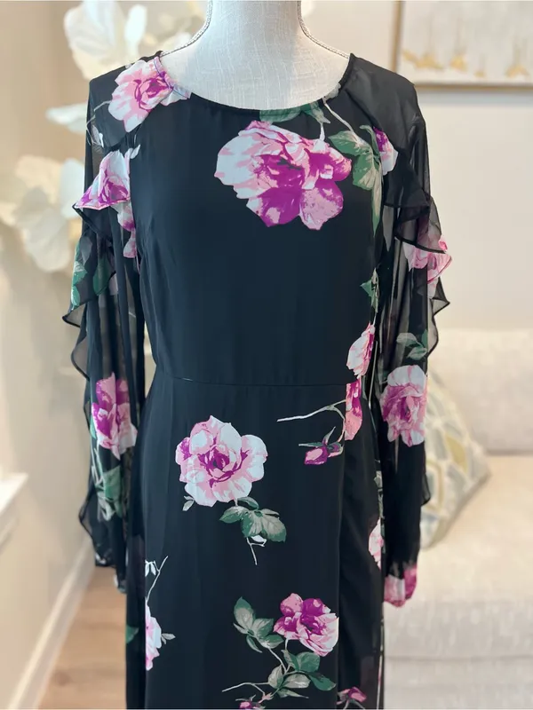 Lulus Once And Flor All Black Floral Print Long Sleeve Woman’s Midi Dress size L - Image 3