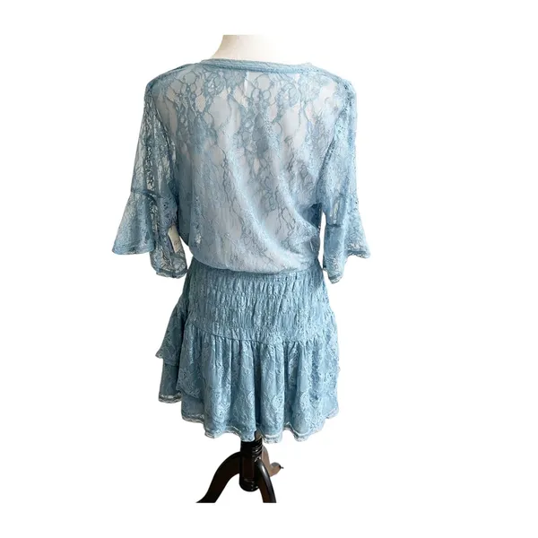 Free People Mini Dress XL Lala Lace V-Neck Flutter Sleeve Coquette Baby Denim - Image 3