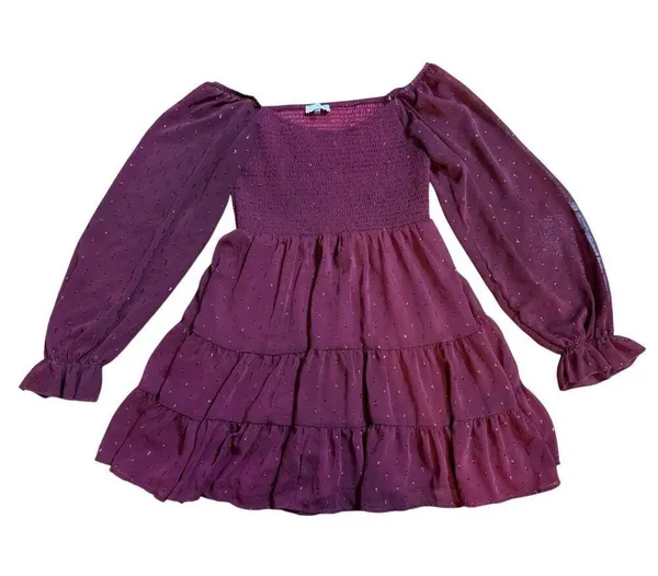 Altar’d State Women’s Vibrant Burgundy Babydoll Tiered Long Sleeve Dress Sparkle - Image 7