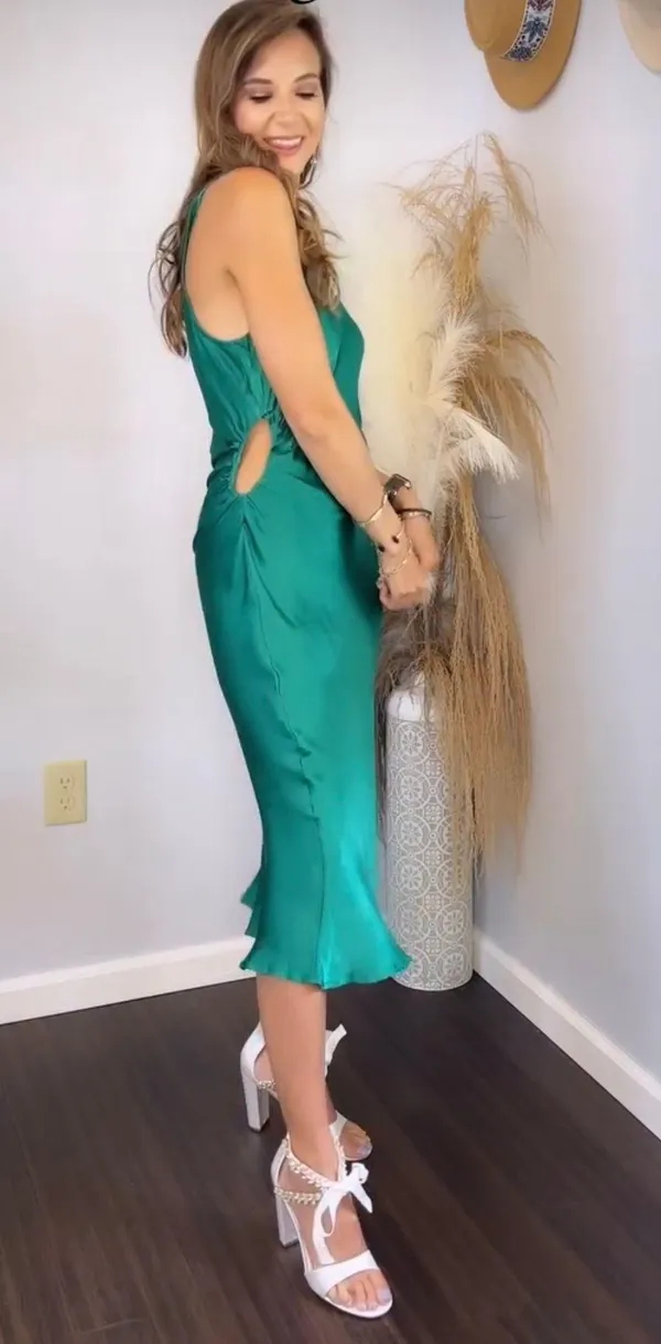 Lulus Green Satin Cutout Midi Dress - Image 3