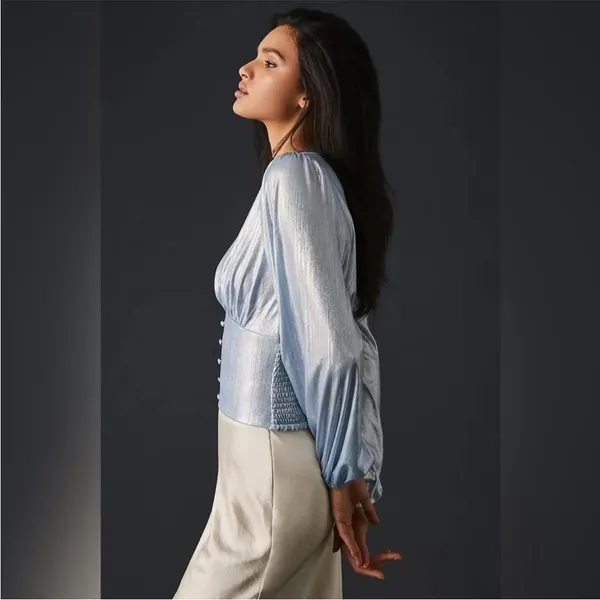Anthropologie Flat White Shine Blue Iridescent Blouse Size XS NWT - Image 2