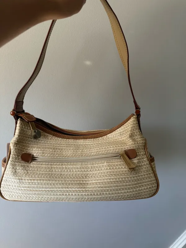 VTG Liz Claiborne Woven Beige Tan Straw Shoulder Bag Brown Trim Grandma Core S M - Image 3