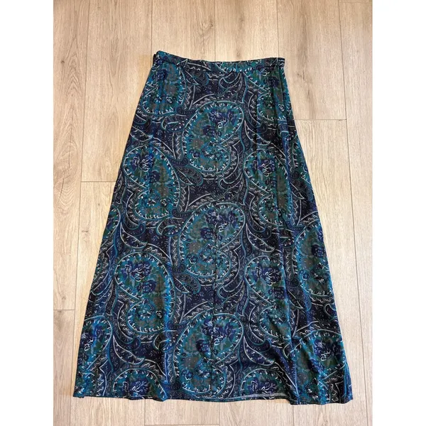 Vintage 90s Rayon Paisley Maxi Skirt Navy Teal‎ Green Floral Herringbone Size 12 - Image 5