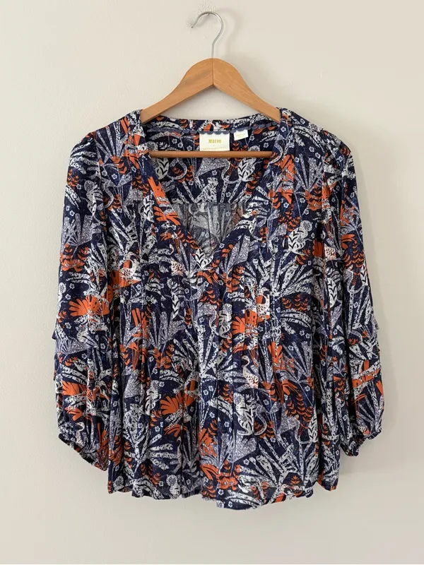 Anthropologie Maeve Cathy Pleated Blouse Boho Peasant Botanical Floral V-neck M - Image 14