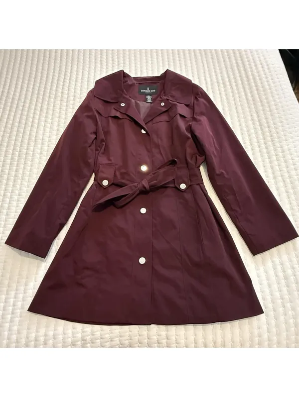 London Fog Burgundy Belted Collared Trench Coat Sz L Large Missing The Hood - Image 2