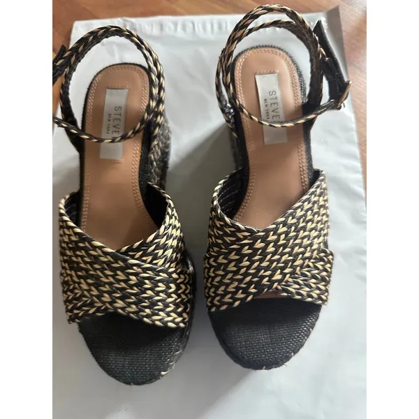 Steven New York Woven Espadrille Wedge Sandals Black Tan Ankle Strap Platform - Image 3