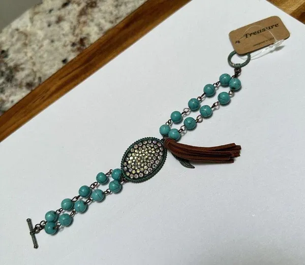 Rustic Style Turquoise Color Beads / Rhinestone / Brown Tassel NWT Bracelet - Image 8