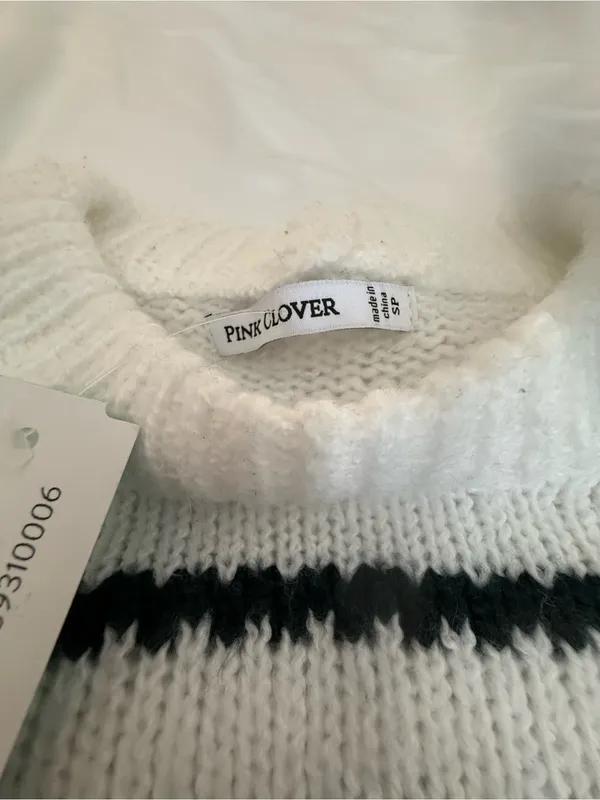 Pink Clover Striped Crewneck Sweater - White & Black - Image 3