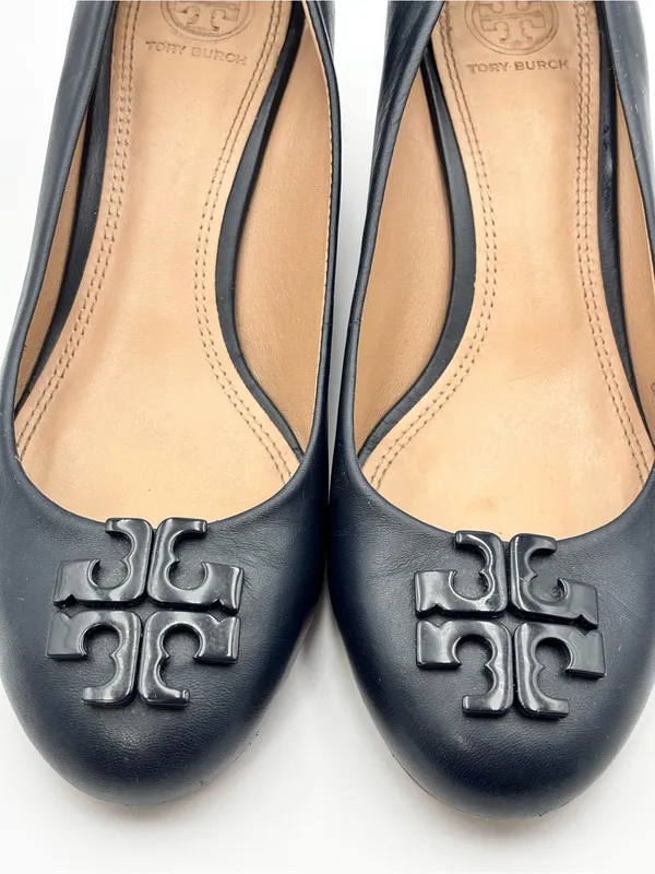 Tory Burch Navy Blue Leather Lowell 2 65mm Wedges size 8M - Image 3