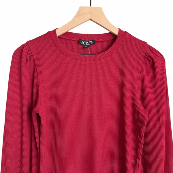 J. Crew Ribbed Puff Sleeve Crewneck Top Red Size Small NWT - Image 2