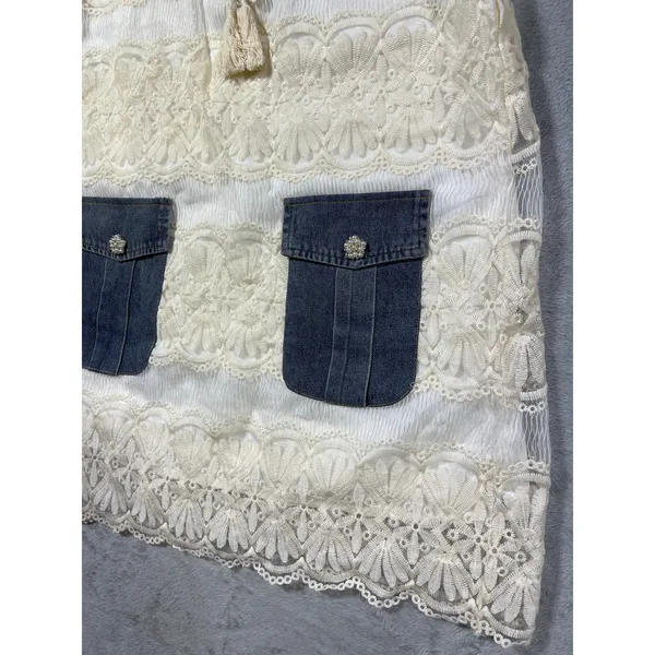 Boho Mini Dress Denim White Lace Crochet Cottagecore Western Large - Image 3