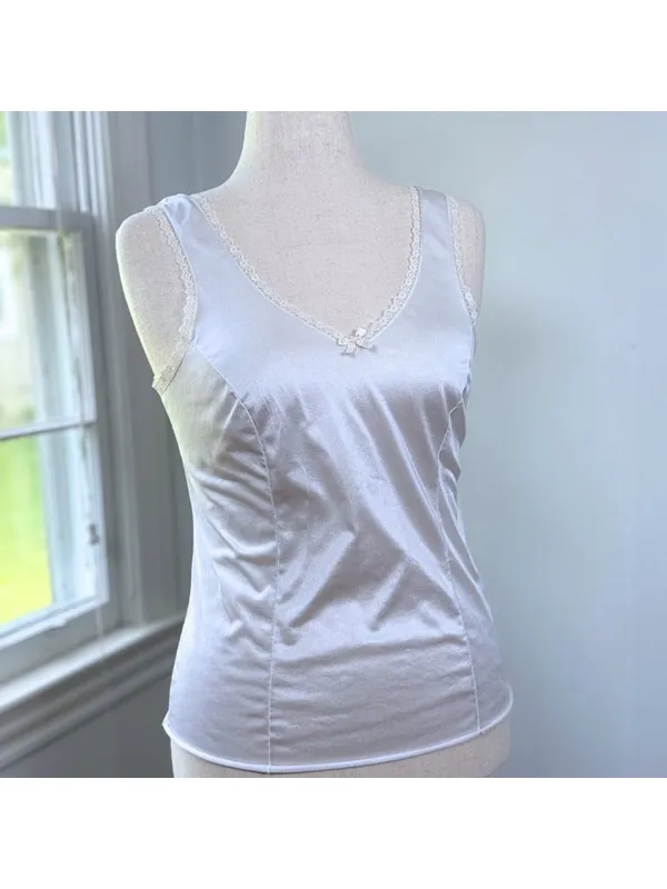 Vintage Velrose Coquette White Satin Camisole Medium Slip Top Lace Bow Bridal - Image 3