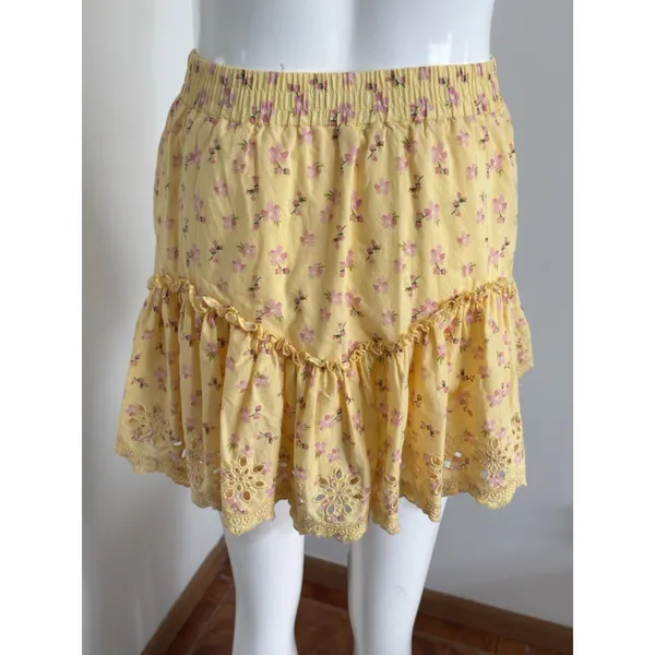 Aeropostale Womens Mini Skirt Size XS Yellow Floral Ruffle Tiered Eyelet Lace - Image 7