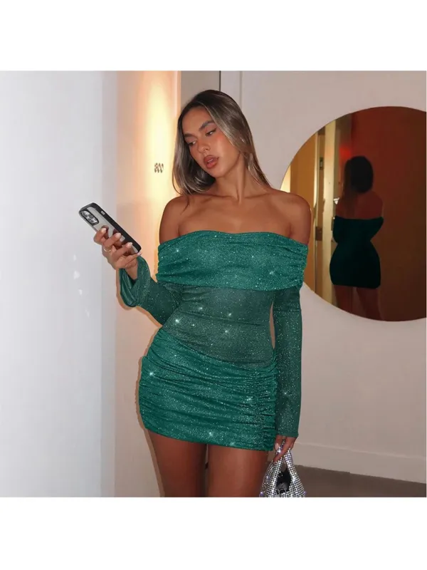 NEW Sexy Off Shoulder Bodycon Mini Dress Mesh Ruched Y2K Club S - Image 2