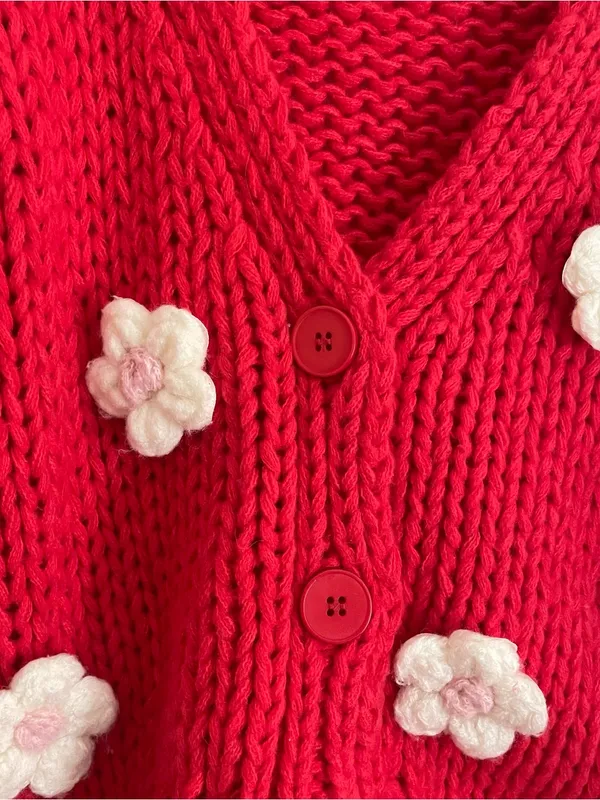 Luna Ivy Chunky Knit Flower Appliqué Cardigan Sweater Red Pink M Cottagecore - Image 4
