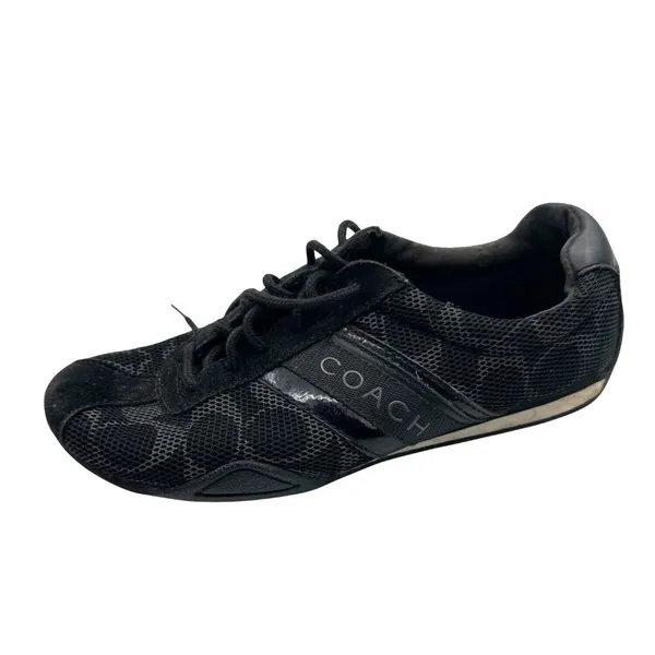 Coach Size 6 Black Monogram Sneakers Mesh Leather Trim Lace-Up Casual Shoes - Image 11