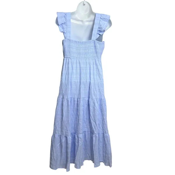 Womens Light Blue Seersucker Smocked Tiered Maxi Dress Ruffle Strap Size M - Image 2