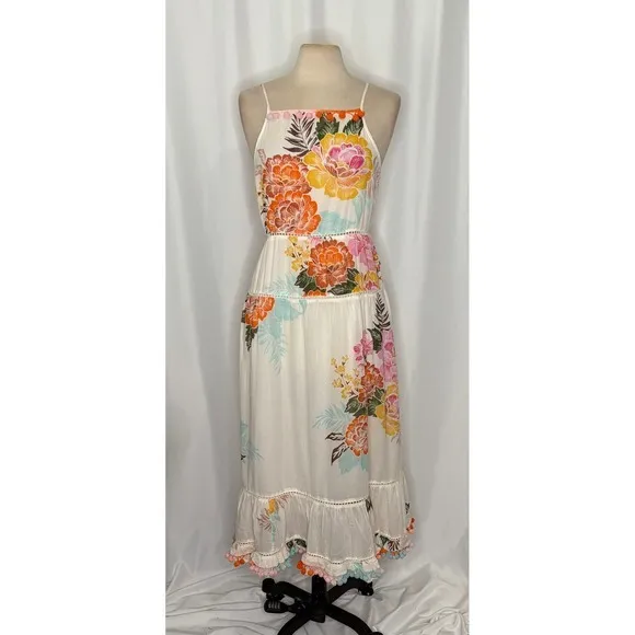 Anthropologie‎ FARM RIO Havana Floral Dress Midi Pom Poms Vacation Large Petite - Image 2