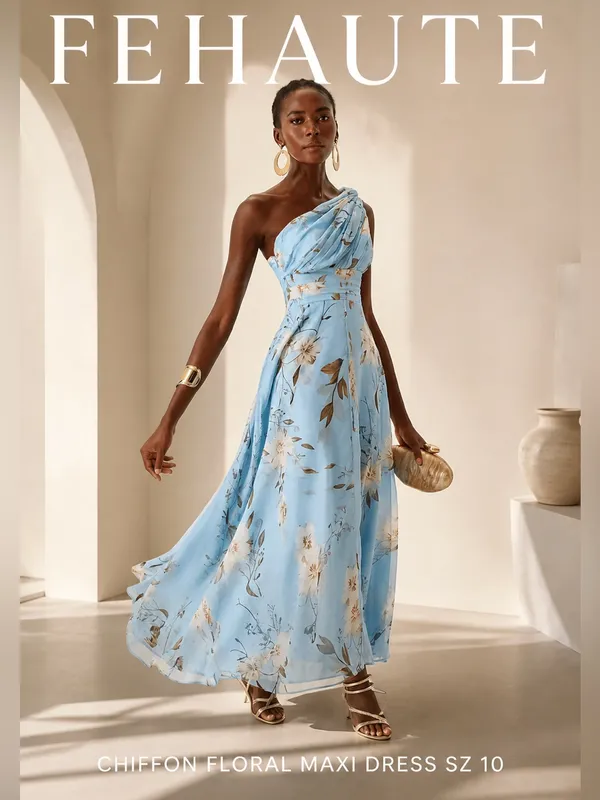 NWOT Fehaute blue floral chiffon one shoulder maxi dress sz 10 - Image 2