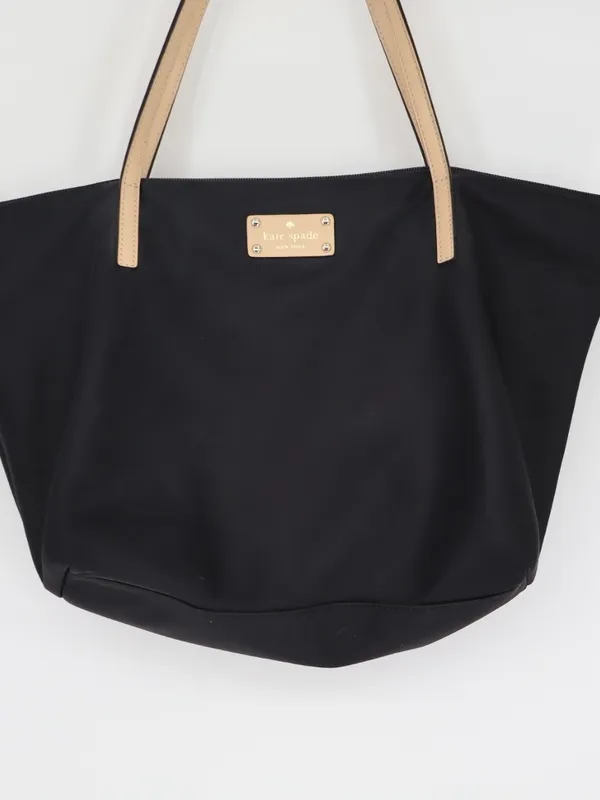 Kate Spade New York Black Nylon Tote Pink Lining Tan Leather Handles Work Bag - Image 2