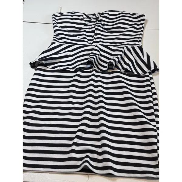 Pitaya Women Strapless Peplum Dress Retro Black & White Stripe size M - Image 10