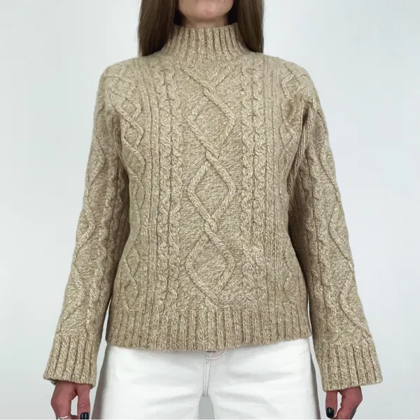 J.Crew Wool-Blend Cable-Knit Rollneck Sweater in Beige | Size L - Image 6