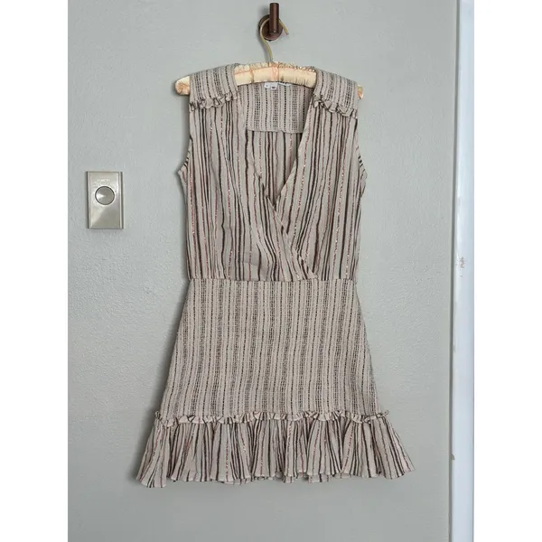 Veronica Beard Medium Cox Smocked Striped Mini Dress Beige Rose Gold Boho Chic - Image 2