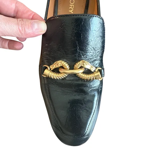Tory Burch Jessa Black Leather Horsebit Horsehead Loafers Gold Size 8 - Image 9