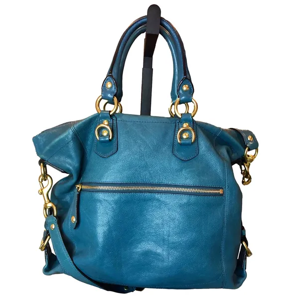 Vintage COACH Madison Turquoise Leather Satchel Rear Zipper Pocket Bag 12935 - Image 2