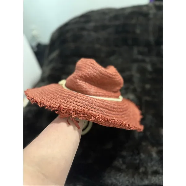 Frye Red Raffia Straw Wide Brim Raw Edge Woven Sun Hat OS - Image 2
