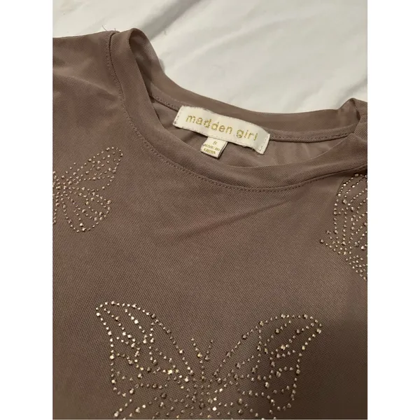 Madden Girl Brown Rhinestone Butterfly Mesh Top Small Y2K Fairy Grunge Sheer Tee - Image 3