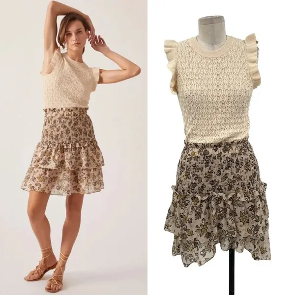 Anthropologie Current Air Dress Mini Sweater Ruffle Crewneck‎ Beige Size Small - Image 2