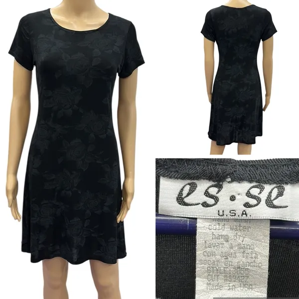 Vintage ESSE Floral Black and Gray Short Sleeve A Line Fit Flare Dress Size M - Image 3