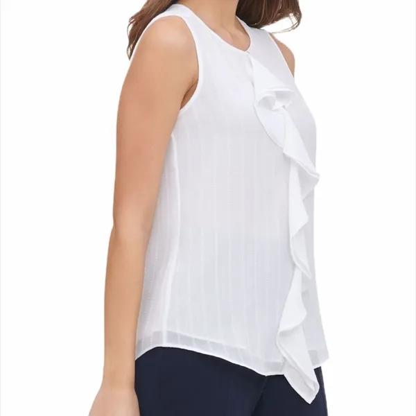 TOMMY HILFIGER White Sleeveless Ruffle Front Top M Lined Blouse - Image 4
