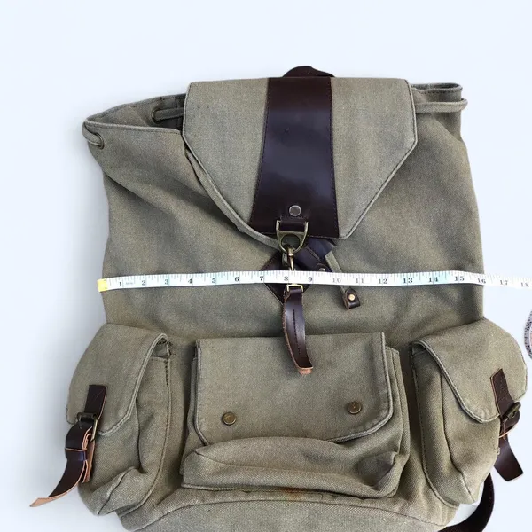 Y2K Vintage Unisex Preppy Academia Khaki Brown canvas l messenger backpack book bag purse cargo pockets. Great for school, university, work. Can fit most books laptops #boho #granola #hippie #adventure #gypsy Measurement in pics - Image 4