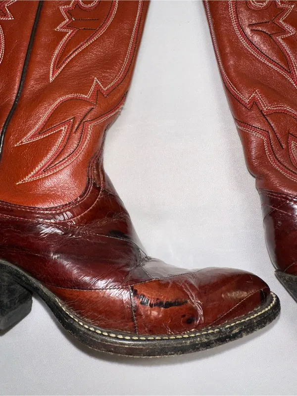 ⁠Dan Post Vintage Eel Skin Patchwork Western Boots Womens Size 5.5B Cognac - Image 4
