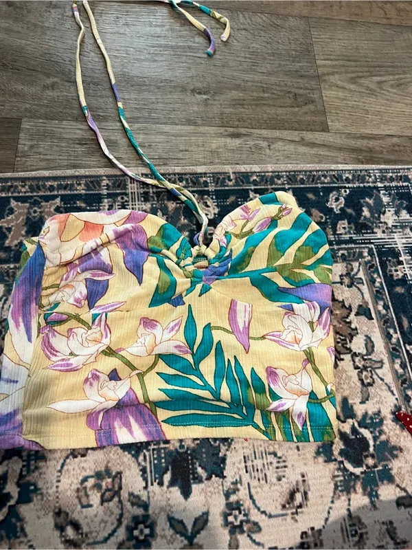 Billabong Floral Halter Crop Top in Yellow, Teal & Purple - Image 4