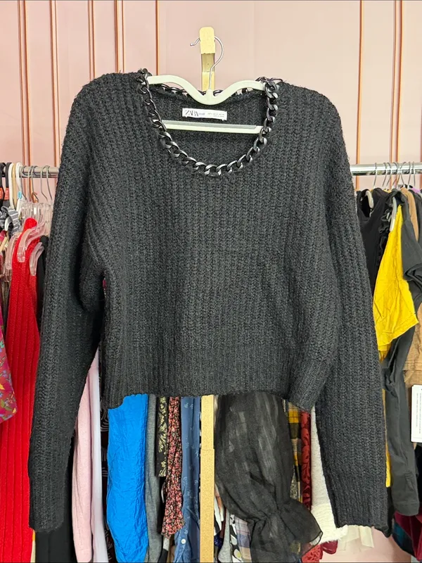 Zara Black Chunky Knit Sweater Chain Trim Neckline Long Sleeve Pullover. Size S - Image 2
