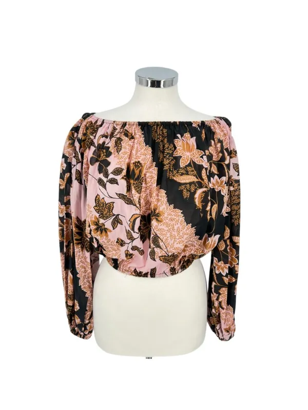 Vici Floral Boho Festival Off-Shoulder Puff Sleeve Blouse Pink Black Size Small - Image 3