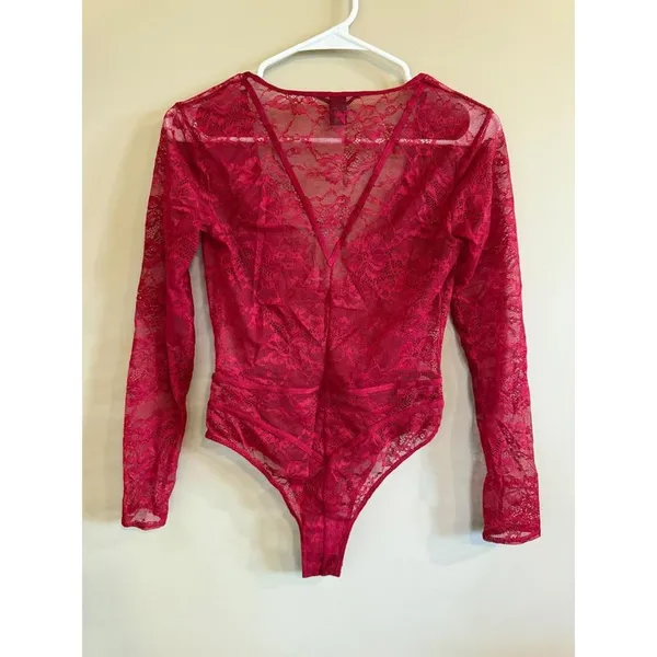 Victorias‎ Secret Red Lace Long Sleeve Plunging V Neck Bodysuit S P - Image 2