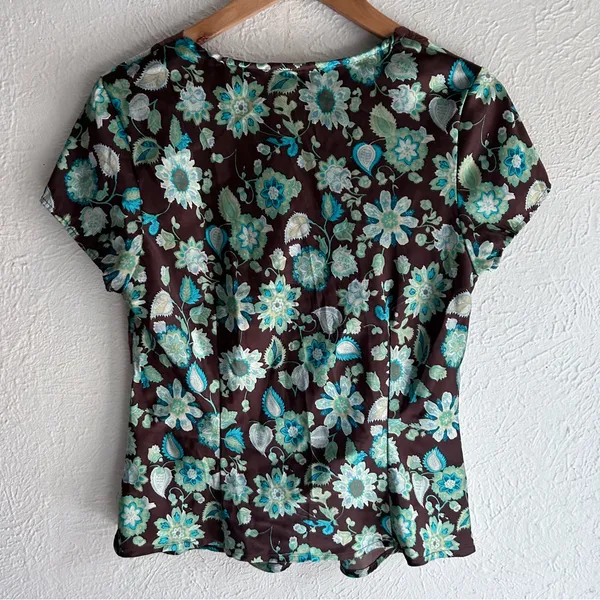 AGB Y2K Floral Lace Trim Empire Waist Top Brown & Teal Large - Image 3