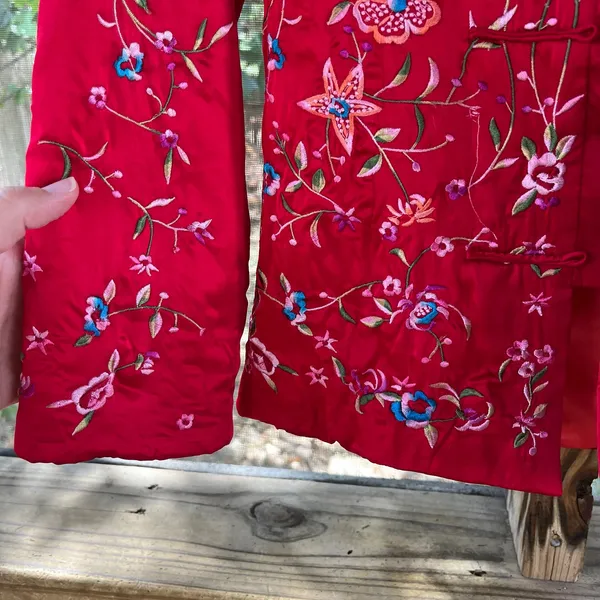 Women's Red Embroidered Asian Satin Jacket Size S - Image 3