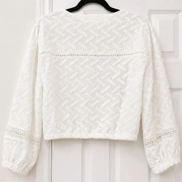Line & Dot White Textured Cotton Boho Crop Blouse Tassel Tie Top Small - Image 3