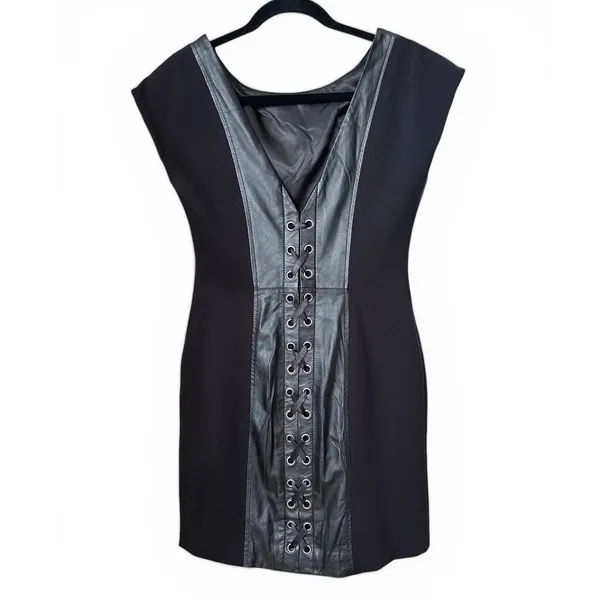 Boston Proper Black Leather Ribbon Tie Back Dress Size 6 Vintage Y2K - Image 10